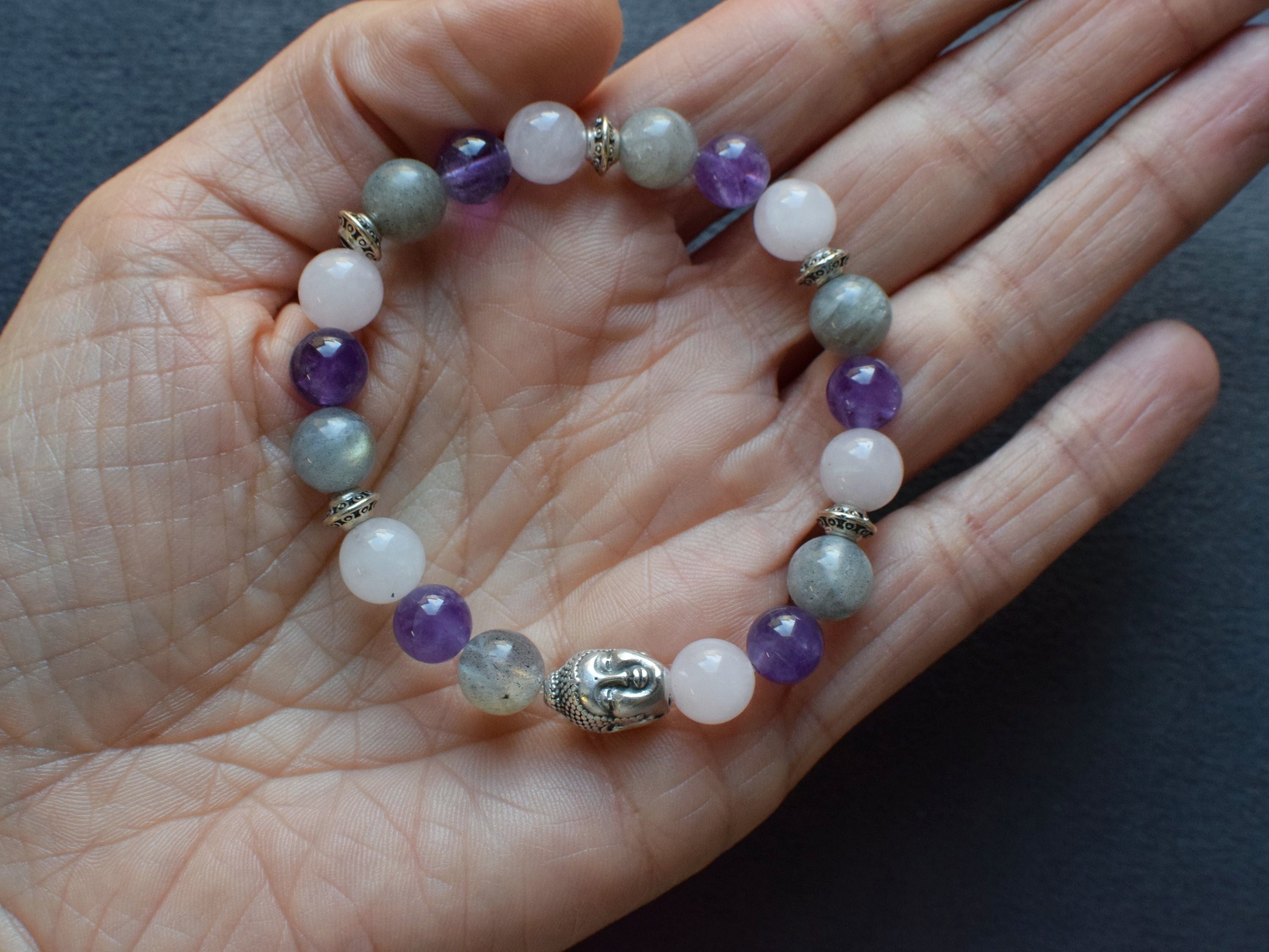 Bracelet d'intention - Sérénité sacrée (Labradorite, quartz rose, améthyste)