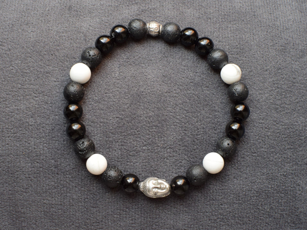 Bracelet d'intention - Calme éveillé (Onyx Noir, Pierre de Lave & Howlite Blanche)