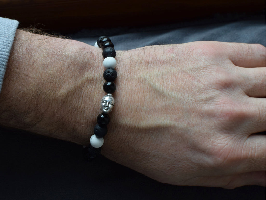 Bracelet d'intention - Calme éveillé (Onyx Noir, Pierre de Lave & Howlite Blanche)