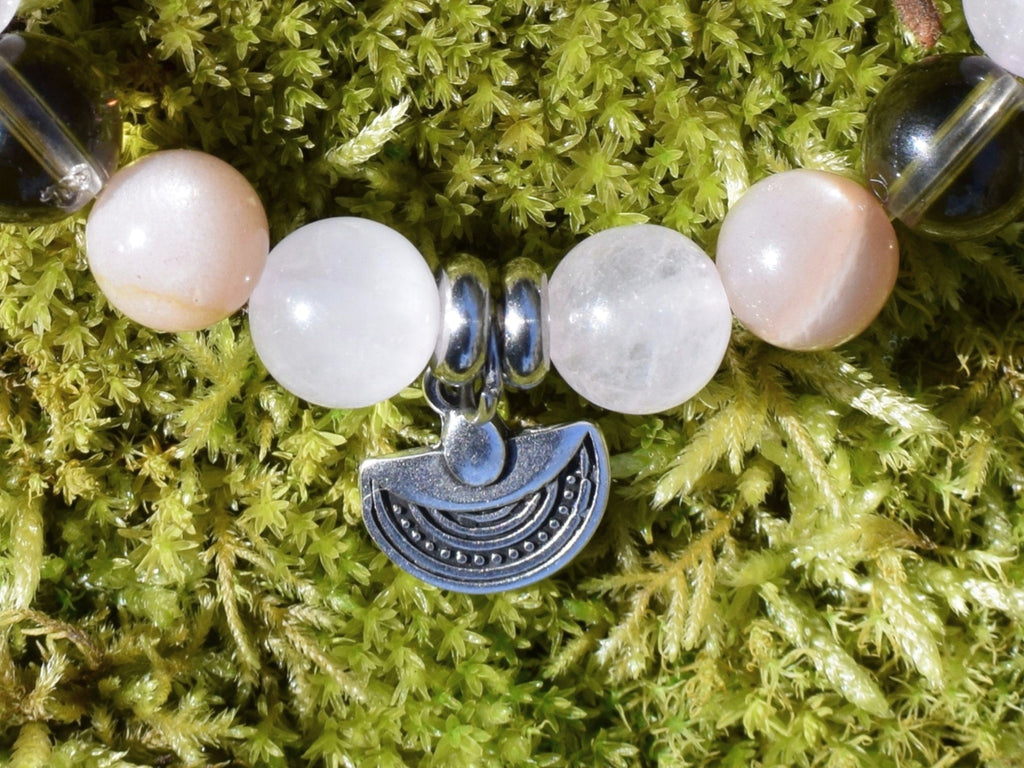 Bracelet d'intention - Voile de lune (quartz rose, quartz fumé & pierre de lune multicolore)