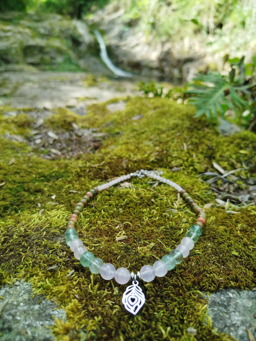 Collier d'intention - Vent doux (Fluorite, quartz rose & unakite)