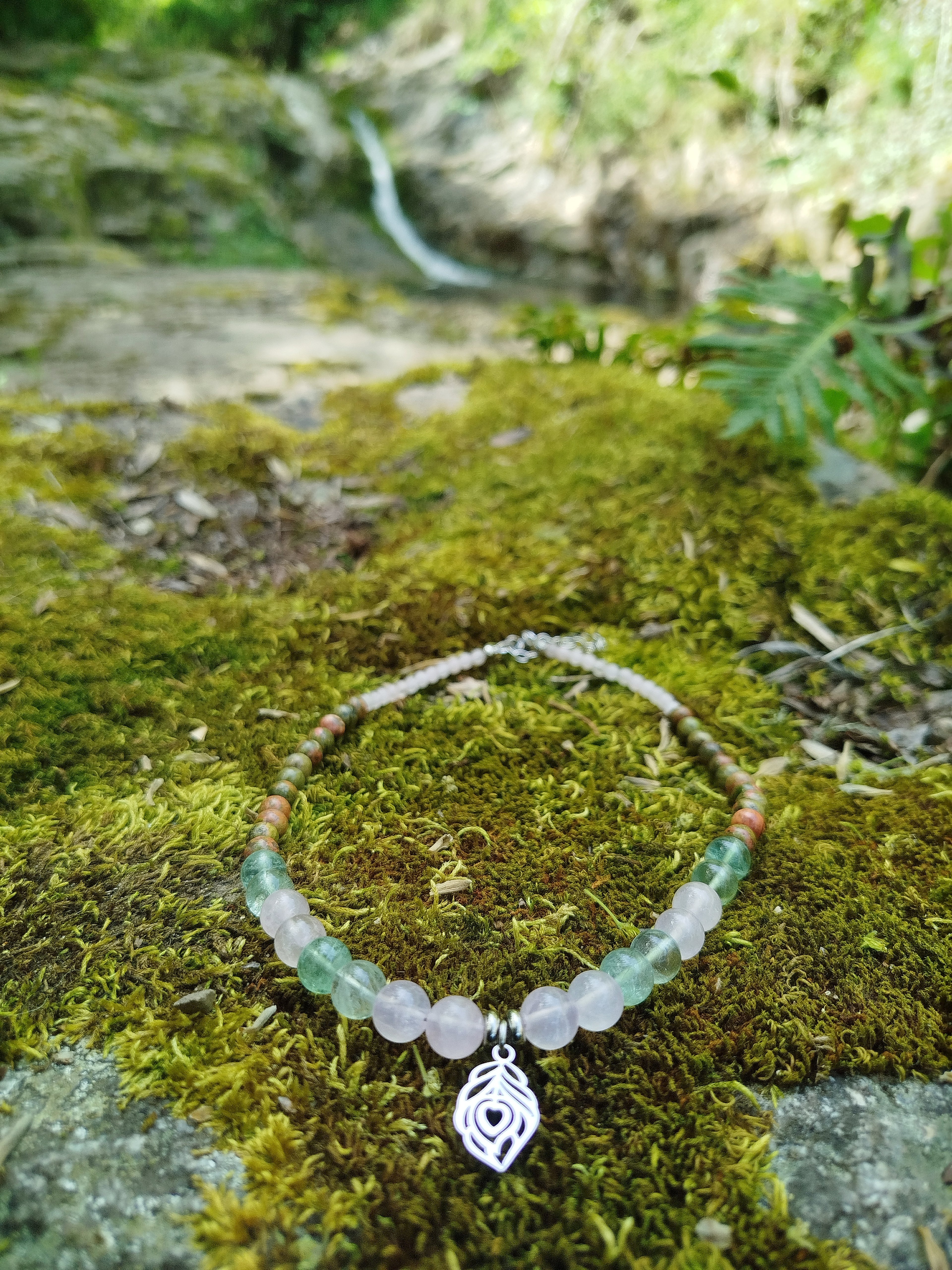 Collier d'intention - Vent doux (Fluorite, quartz rose & unakite)