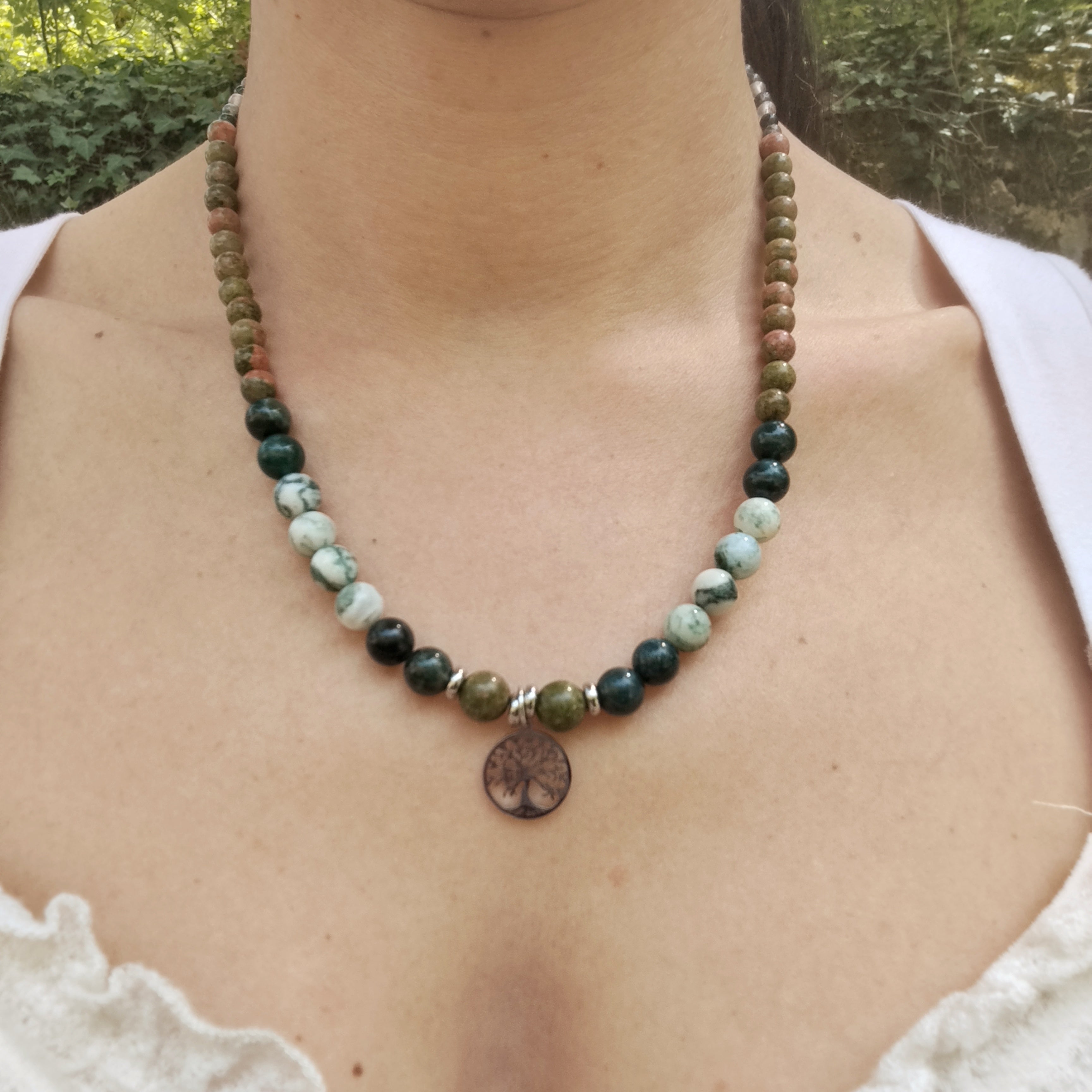Collier d’intention - Terre d'ancrage (Unakite, agate mousse & agate arbre)