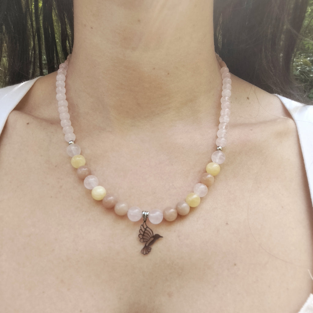 Collier d'intention - Battement léger (Quartz rose, calcite & pierre de lune)