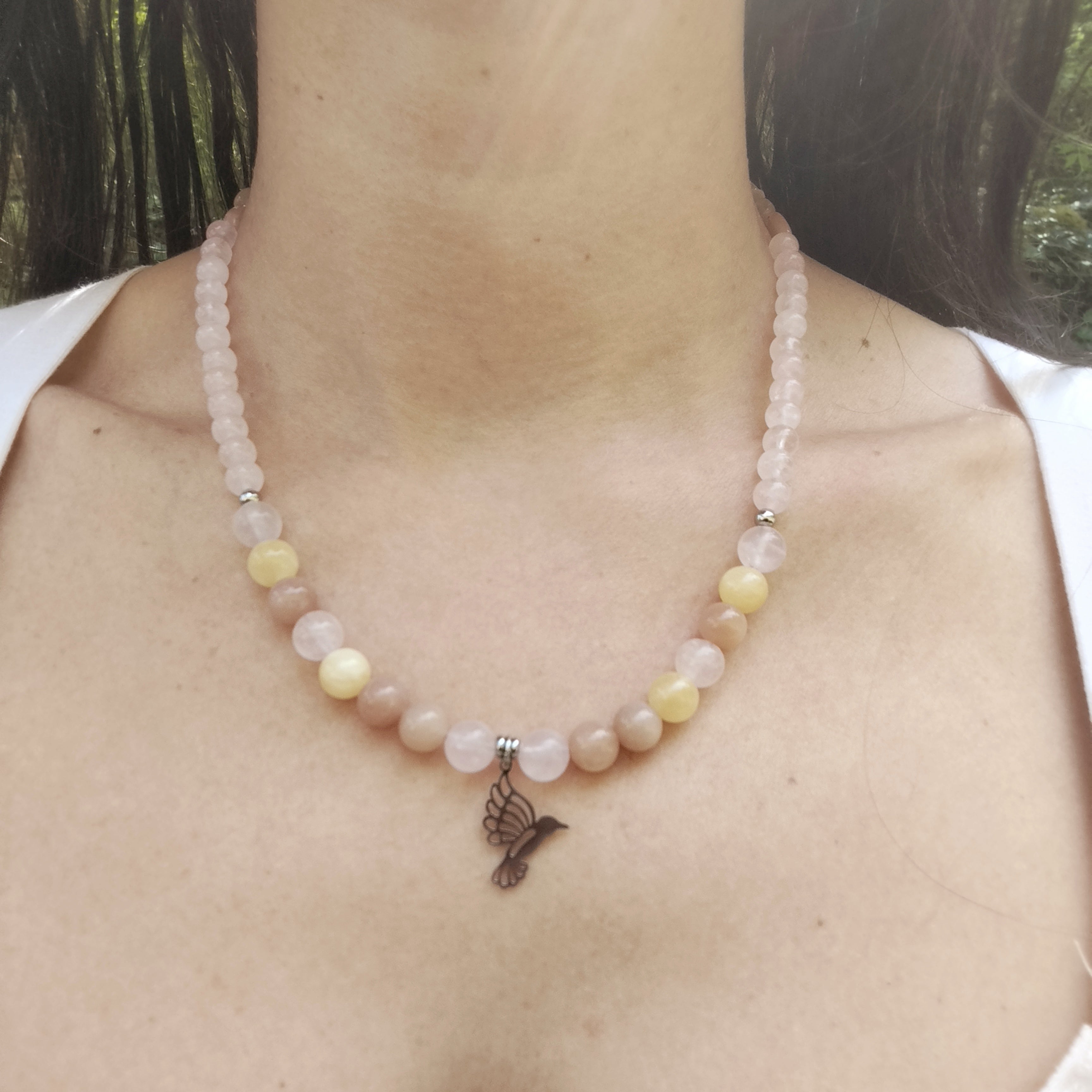 Collier d'intention - Battement léger (Quartz rose, calcite & pierre de lune)