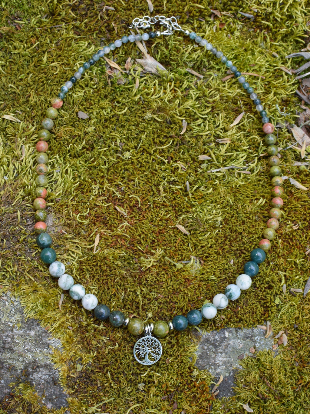 Collier d’intention - Terre d'ancrage (Unakite, agate mousse & agate arbre)