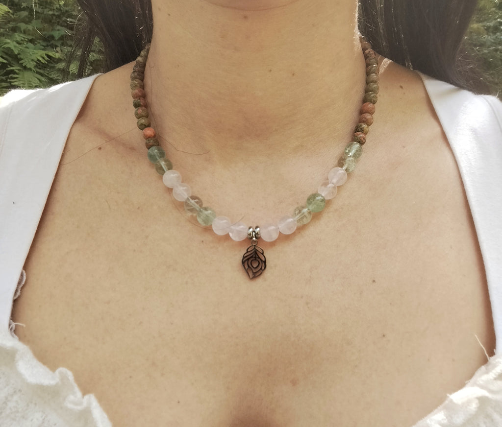 Collier d'intention - Vent doux (Fluorite, quartz rose & unakite)