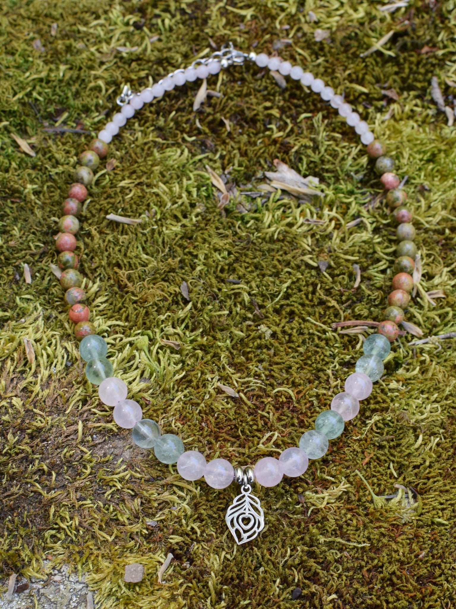 Collier d'intention - Vent doux (Fluorite, quartz rose & unakite)