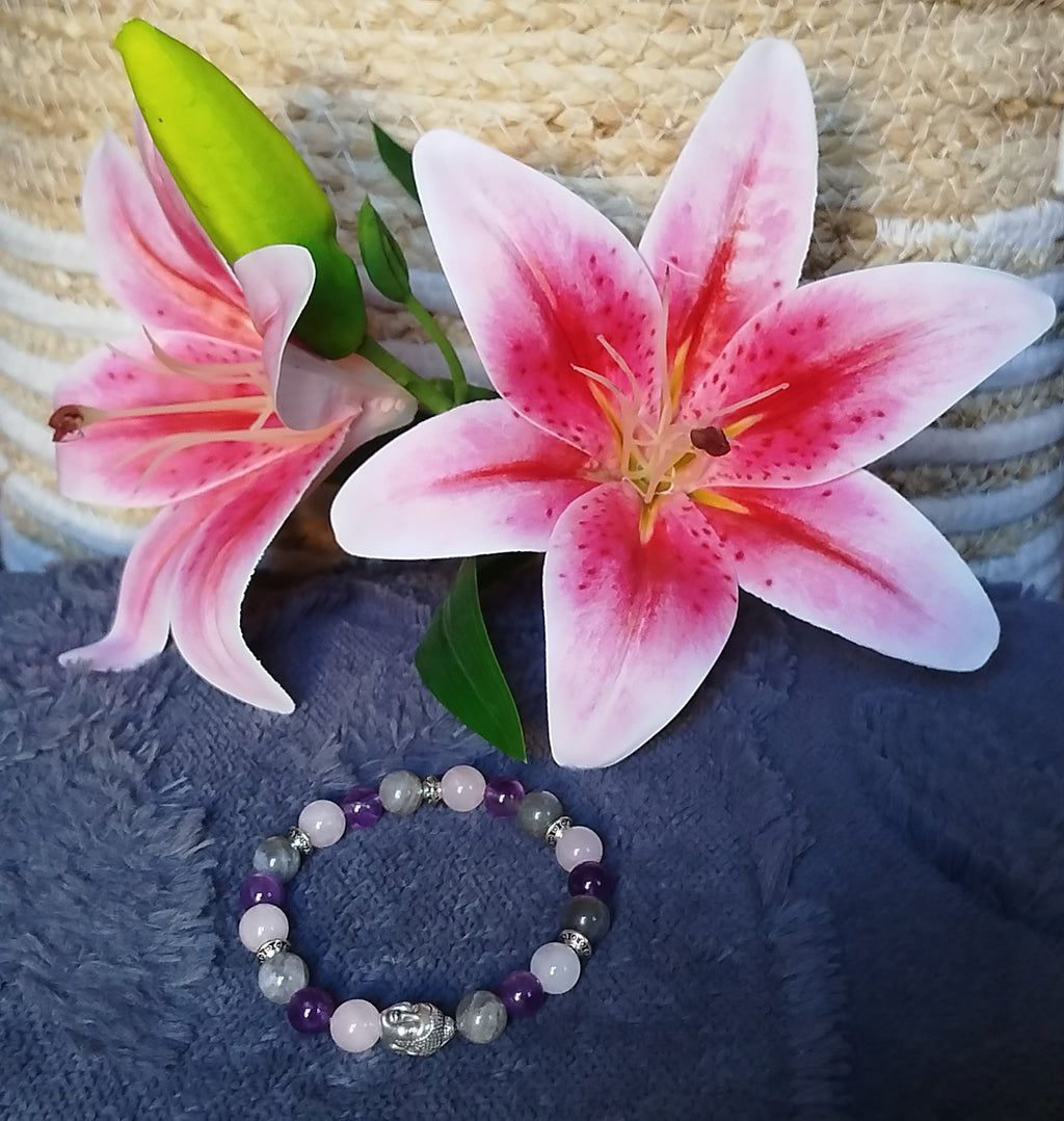 Bracelet d'intention - Sérénité sacrée (Labradorite, quartz rose, améthyste)