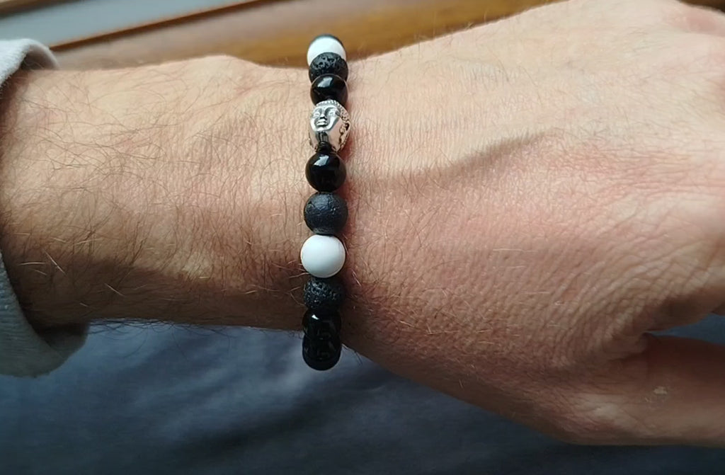 Bracelet d'intention - Calme éveillé (Onyx Noir, Pierre de Lave & Howlite Blanche)