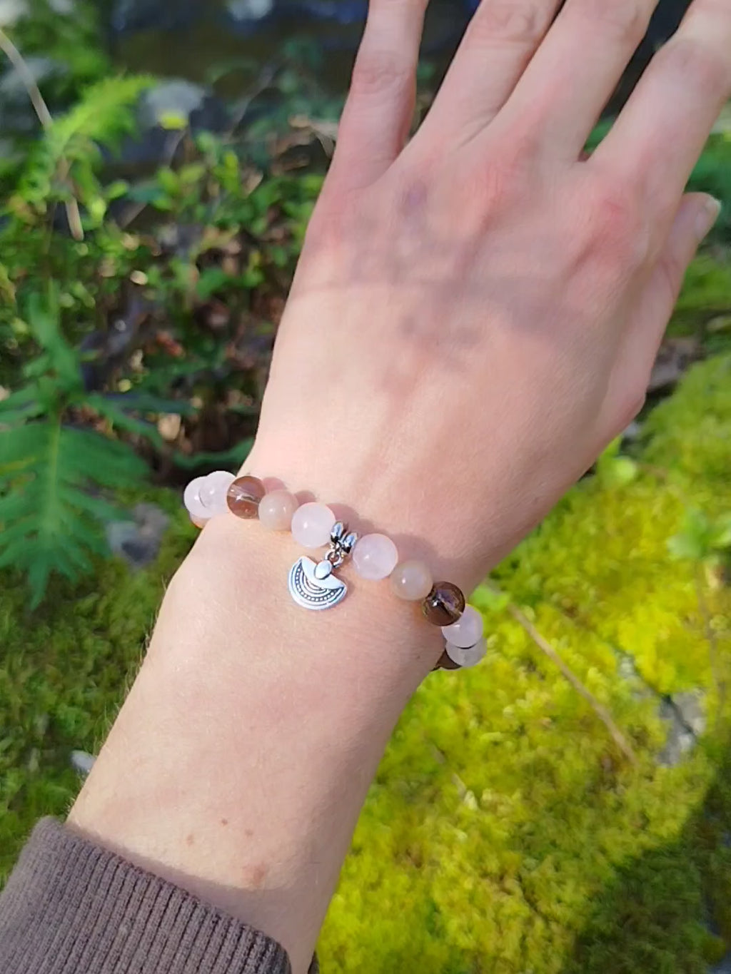 Bracelet d'intention - Voile de lune (quartz rose, quartz fumé & pierre de lune multicolore)