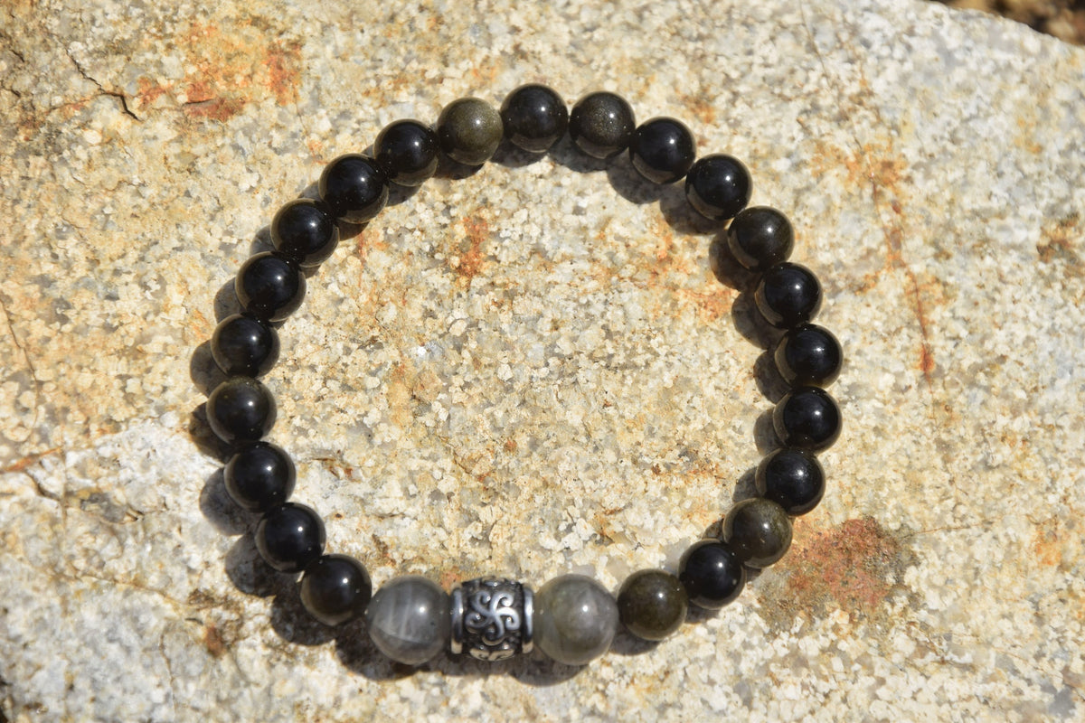 Bracelet d'intention – Soleil des cimes  (Obsidienne dorée et labradorite)